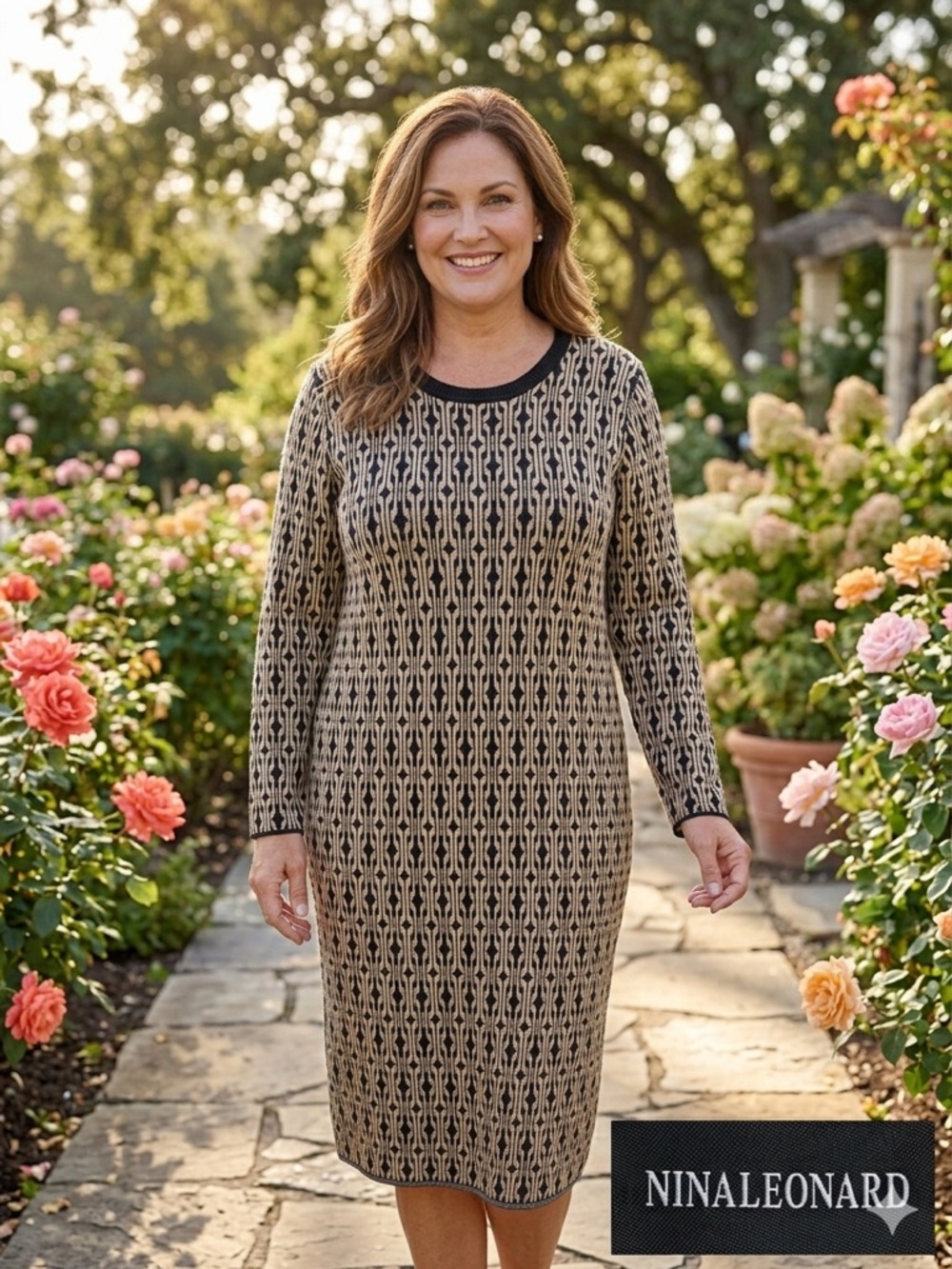 Nina Leonard Black and Cream Geometric Knit Sheath Dress